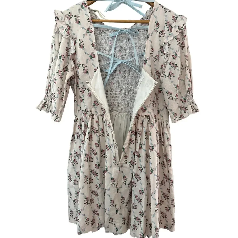 Dondolo x LoveShackFancy Rose Garden Smocked Short Dress Cream Size XXL - Picture 4 of 13